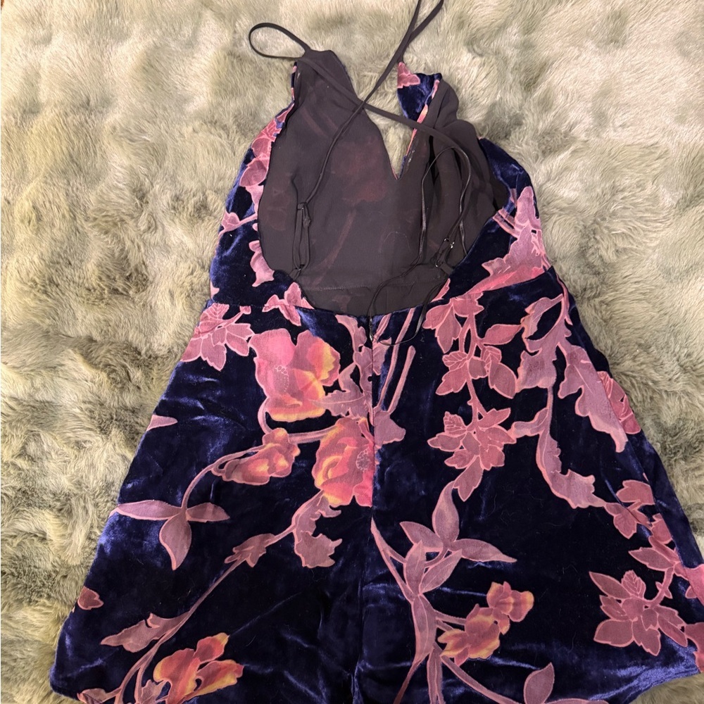 Lush Velvet Floral Romper - Navy and Reddish Pink - Picture 6 of 8